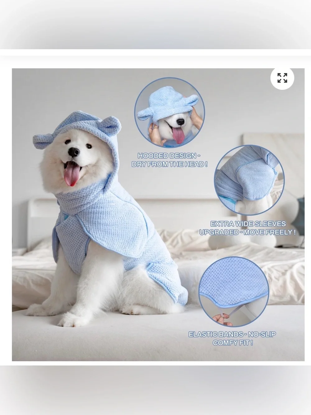 Plush Light Blue Hooded Dog Bathrobe with Bear Ears